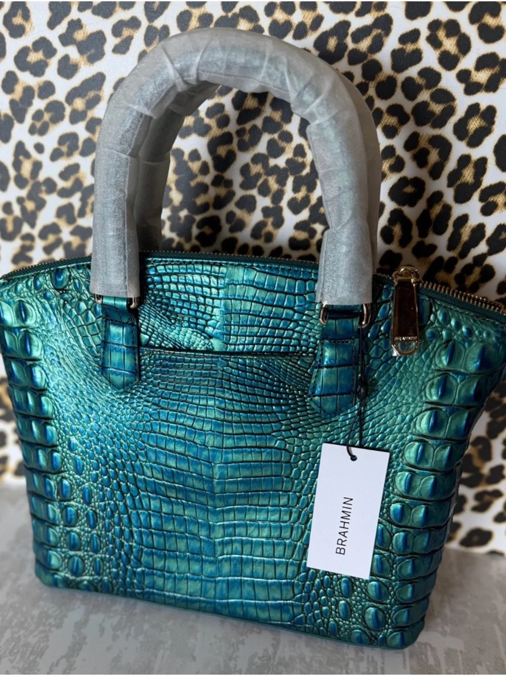Brahmin Teal Iridescent Croc-Embossed Top-Handle Satchel - Picture 8 of 12